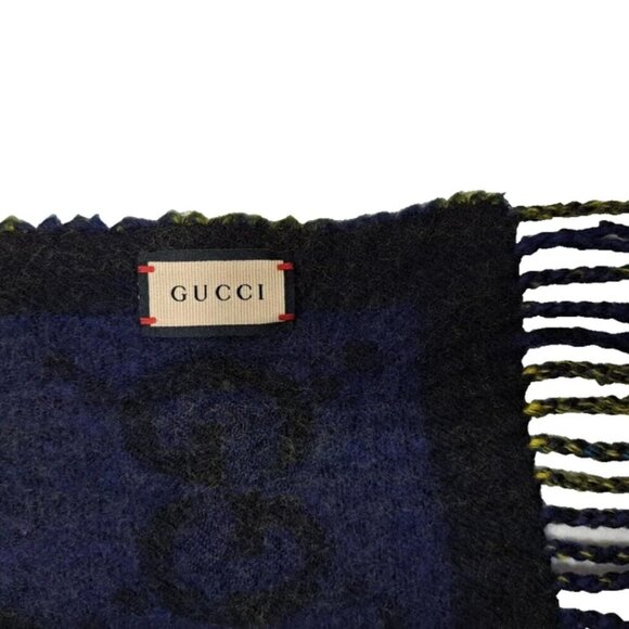 GUCCI Tartan Wool Classic Nova Check Plaid Fringe Embroidered Yellow SCARF - Picture 4 of 6